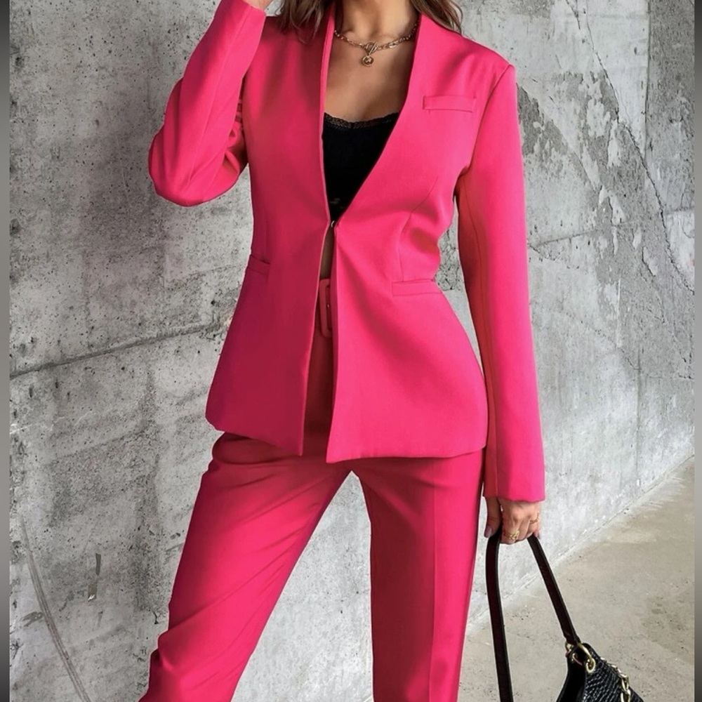 Hook & eye solid blazer w/ belted tapered pants ( PINK ) M-L * 2 piece set *
